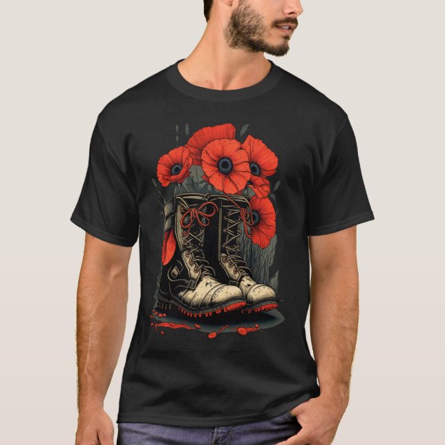 Camiseta Dia Memorial Vermelho Poppy Flor Militar Boots 4º  (Frente)