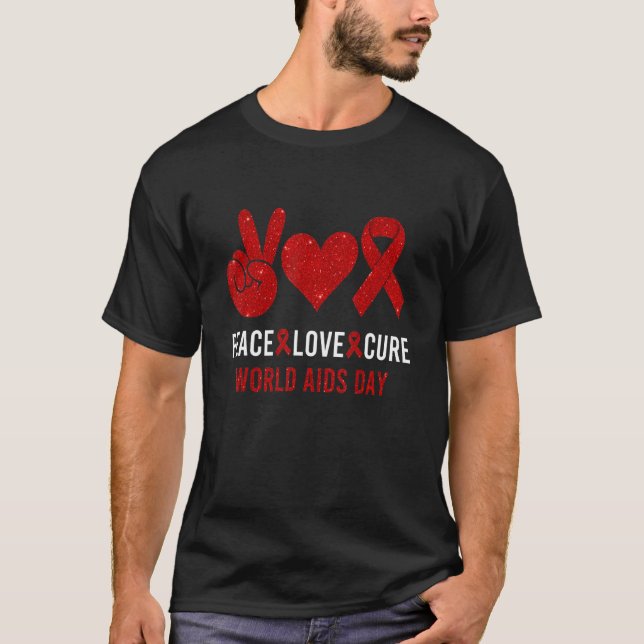 Camiseta Dia Mundial da Aids Paz Amor Cura HIVAIDS Consciên (Frente)