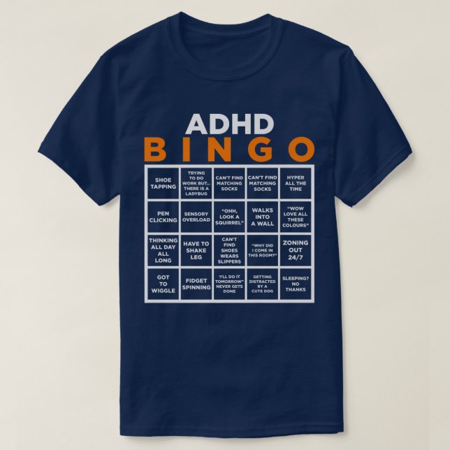 Camiseta Dia Mundial da Consciência Mental ADHD Bingo Engra (Frente do Design)