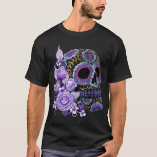 Camiseta Dia preto floral roxo do crânio do açúcar do morto