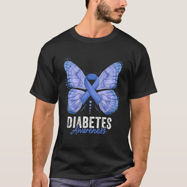 Camiseta Diabetes Consciência Mês Borboleta Escura Azul Rib (Frente)