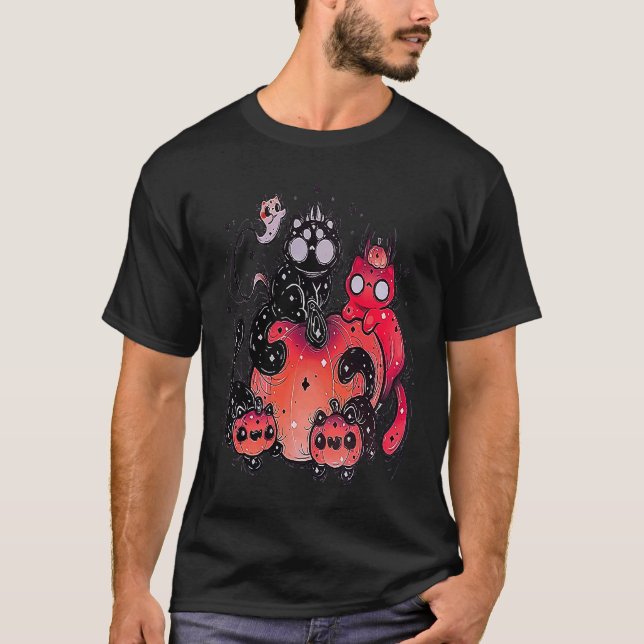 Camiseta diabo Halloween Jack Lanterna Abóbora Gatos (Frente)