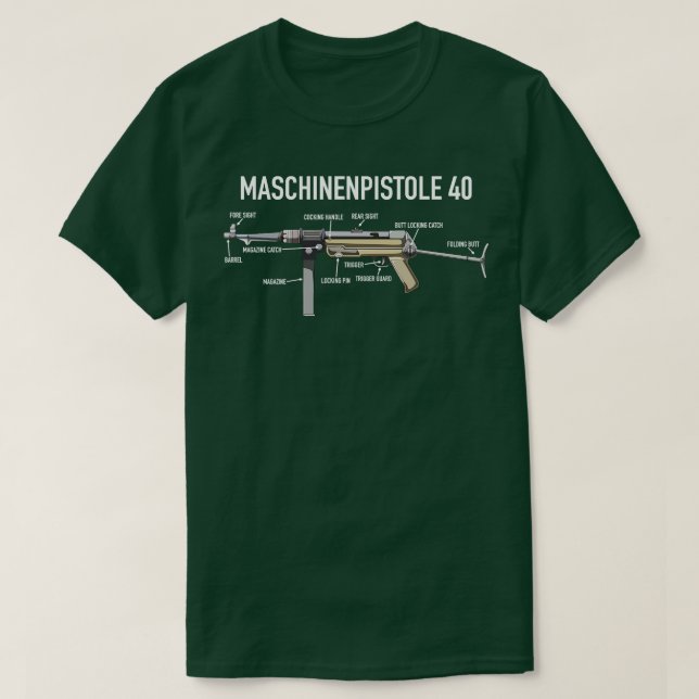 Camiseta Diagrama de Arma da Sub-máquina Alemã WW2 MP 40 Fa (Frente do Design)