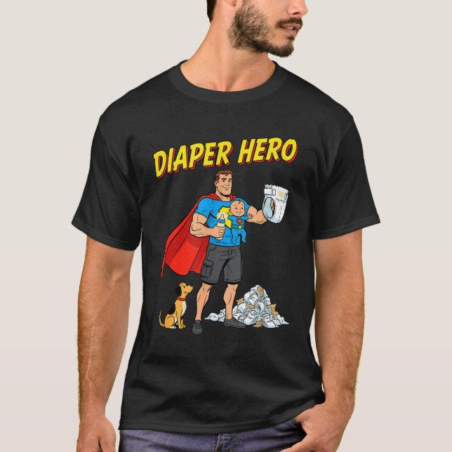 Camiseta Diaper Hero Funny Cartoon Dad Design For New Fathe (Frente)