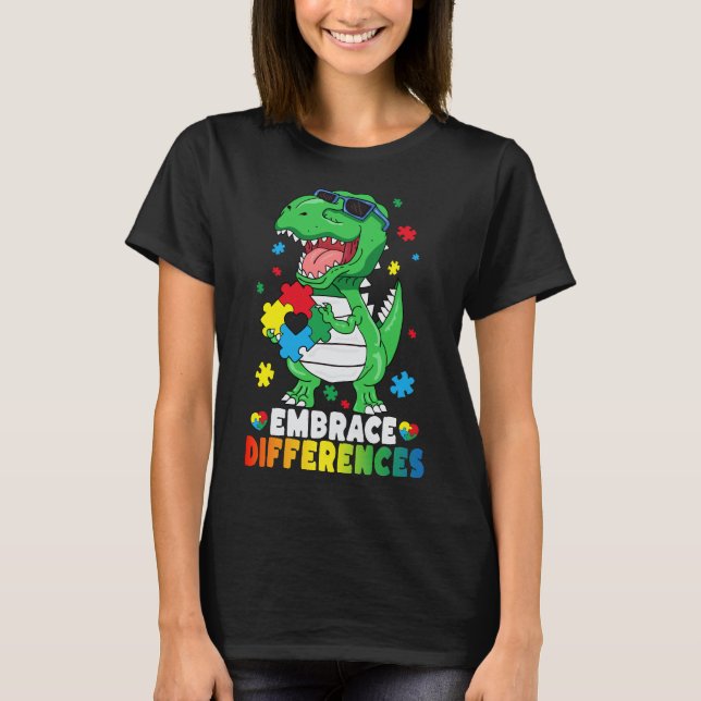 Camiseta Diferenças de Embrace T Rex Dinossaur Autism Aware (Frente)