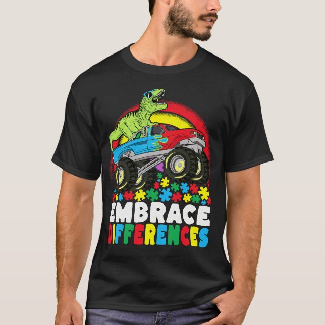 Camiseta Diferenças de Embrace T Rex Monster Truck Autismo (Frente)