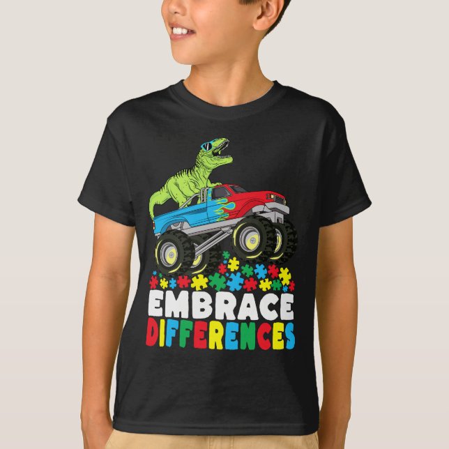 Camiseta Diferenças de Embrace T Rex Monster Truck Autismo (Frente)