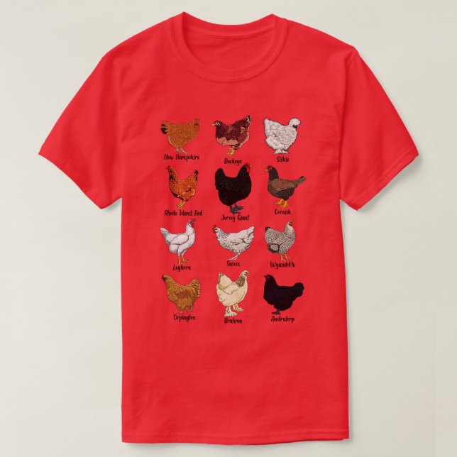 Camiseta Diferentes raças de frango (Frente do Design)