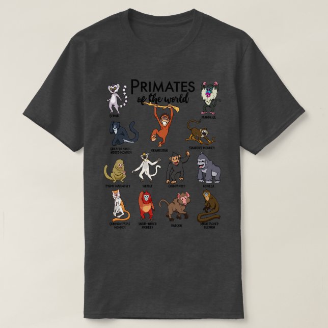 Camiseta Diferentes tipos de primatas de macacos (Frente do Design)