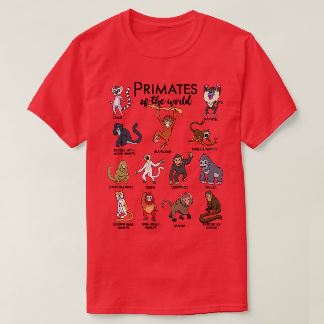 Camiseta Diferentes tipos de primatas de macacos (Frente do Design)