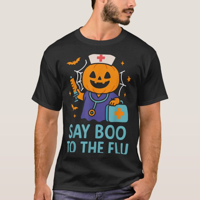 Camiseta Diga Boo À Enfermeira De Gripe Pumpkin Na Vacina D (Frente)
