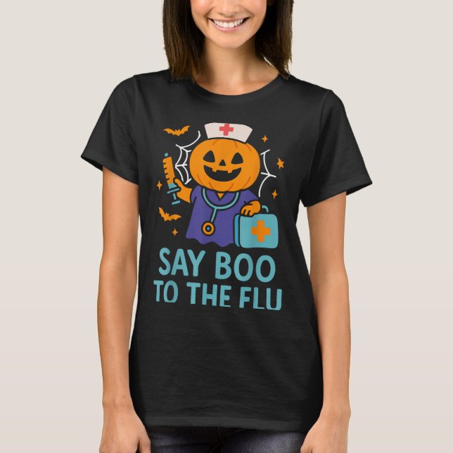Camiseta Diga Boo À Enfermeira De Gripe Pumpkin Na Vacina D (Frente)