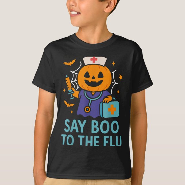 Camiseta Diga Boo À Enfermeira De Gripe Pumpkin Na Vacina D (Frente)