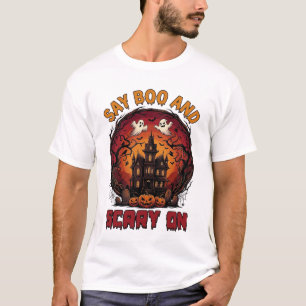 Camiseta Diga Boo Casa Assombrada Fantasmas Abóboras Dia da