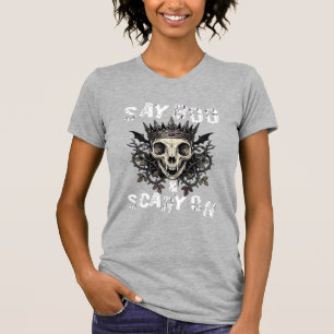 Camiseta Diga Boo Caveira Assustadora Coroa Asa de Morcego