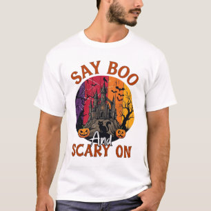 Camiseta Diga Boo Dia das Bruxas Assustador Casa Assombrada