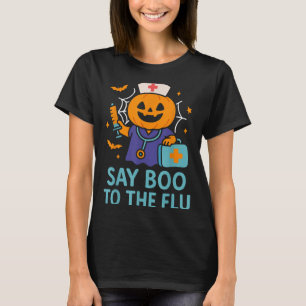 Camiseta Diga Boo Para a Enfermeira da Gripe Abóbora da Vac