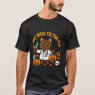 Camiseta Diga Boo Para a Gripe Gatinha Enfermeira Fofa Hall