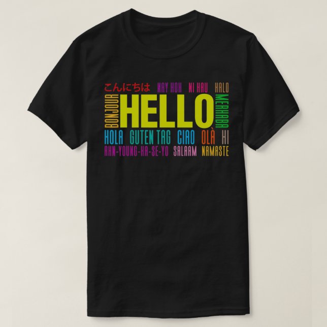 Camiseta Diga Olá em diferentes idiomas internacionais Tra (Frente do Design)