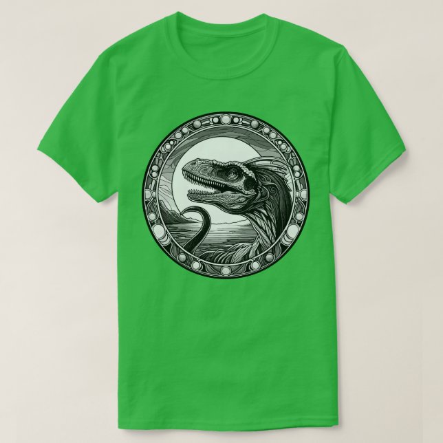 Camiseta Dilophossauro Dinossauro em Estilo Art Nouveau (Frente do Design)