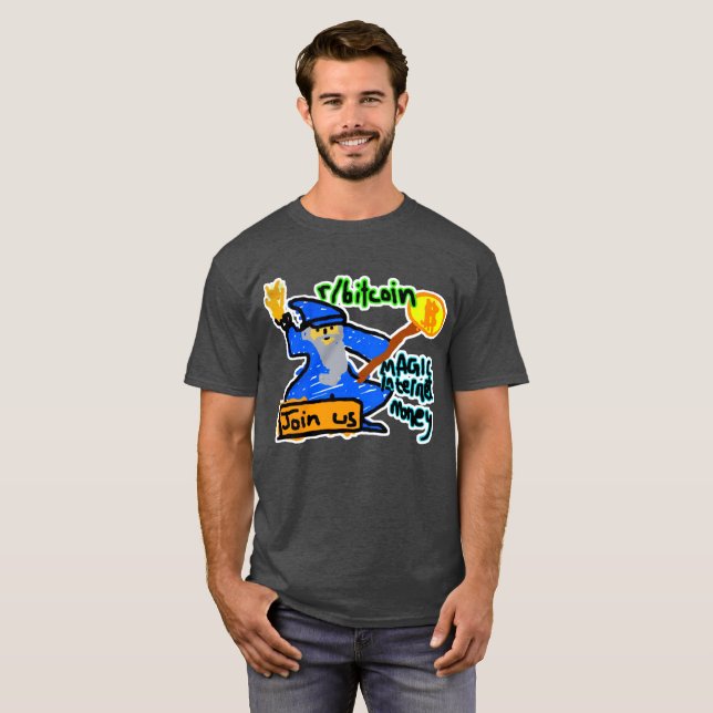 Camiseta Dinheiro mágico do Internet de Bitcoin com fundo (Frente Completa)