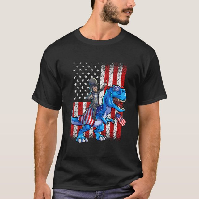 Camiseta Dino Abraham Lincoln 4 De Julho Boys American Fla (Frente)