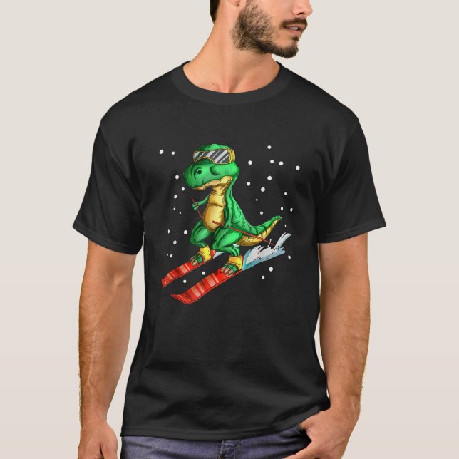 Camiseta Dino com óculos de esqui Skier Dinosaur T rex Skii (Frente)