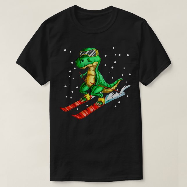 Camiseta Dino Com Óculos De Esqui Skier Dinosaur Trex Skiin (Frente do Design)