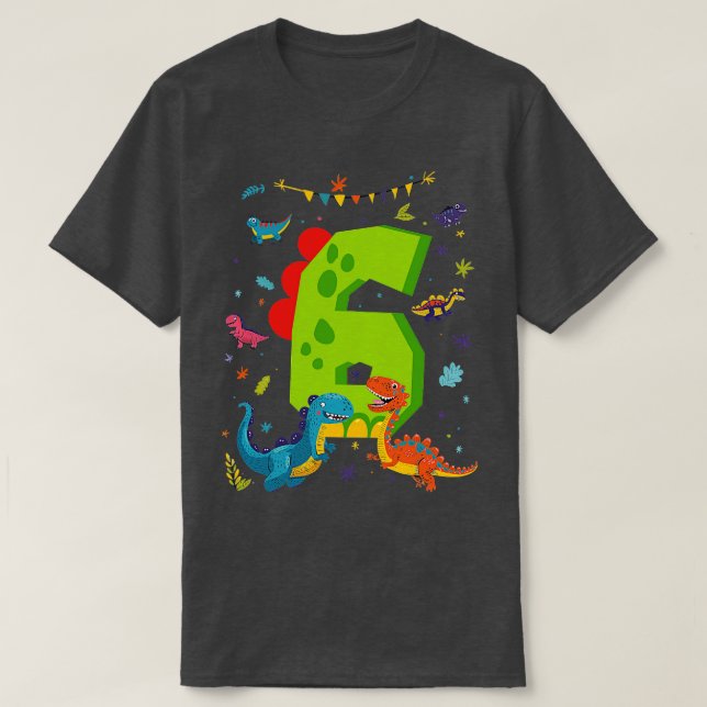 Camiseta Dino Dinossauros Crianças 6 Aniversário De 6 Anos (Frente do Design)