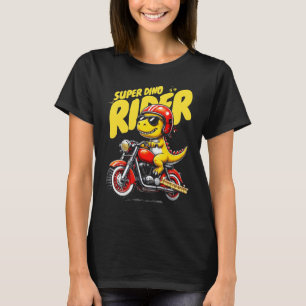 Camiseta Dino do Cartoon legal em uma aventura de motocicle