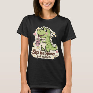 Camiseta Dino fofo bebendo chá de bolhas, chá boba