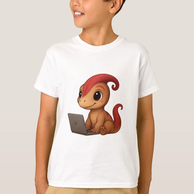 Camiseta Dino Kids Shirt – Dino Kammli am Laptop (Frente)