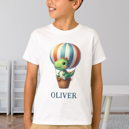 Camiseta Dino Verde Fofo Levanta Voo em um Balão de Ar Quen