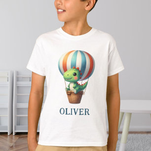 Camiseta Dino Verde Fofo Levanta Voo em um Balão de Ar Quen