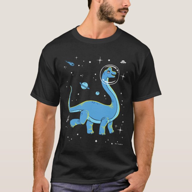 Camiseta Dinos Do Brachiossauro Azul No Espaço (Frente)