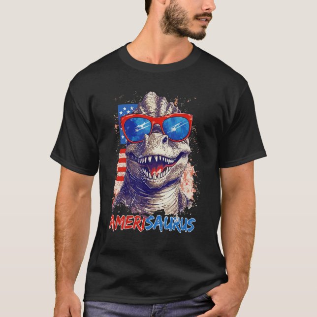 Camiseta Dinosaur 4th of July Kids Boys Men Amerisaurus Rex (Frente)