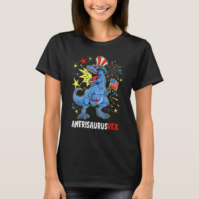 Camiseta Dinosaur 4th Of July US Flag Amerisaurus Res Patri (Frente)