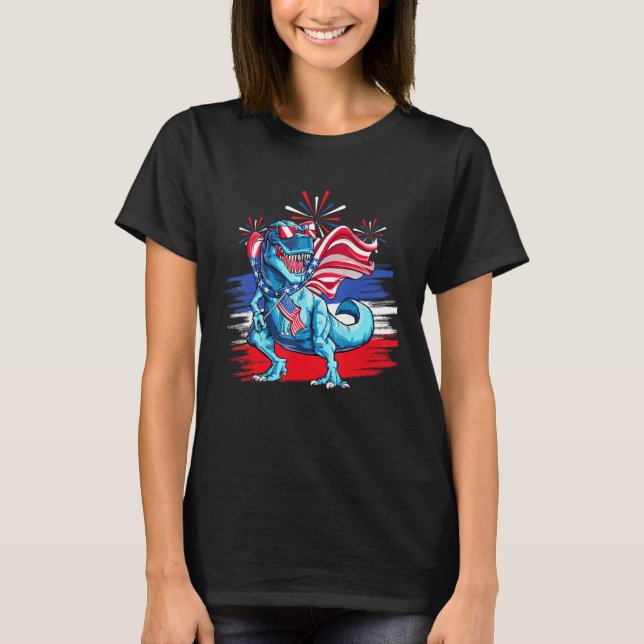 Camiseta Dinosaur American Flag Patriotic Rex  4th of July (Frente)
