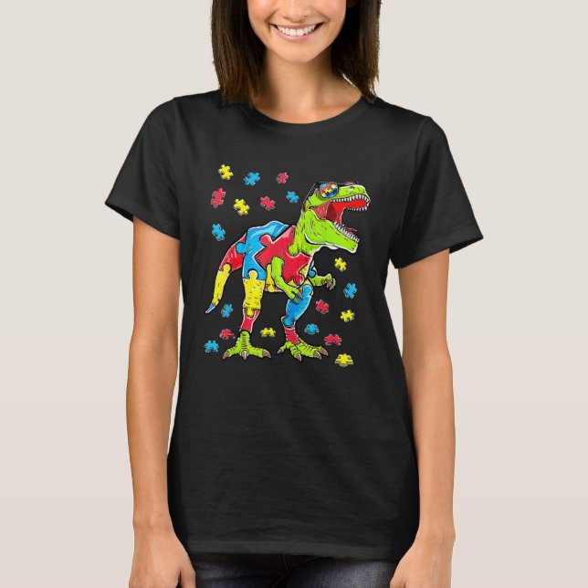 Camiseta Dinosaur Autism Awareness Puzzle Piece Boys Kids T (Frente)