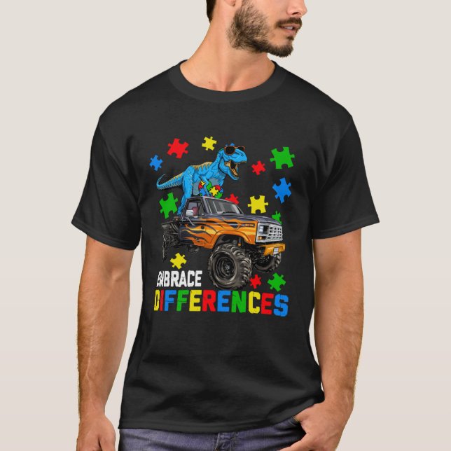 Camiseta Dinosaur Autism Awareness With Monster Truck For A (Frente)