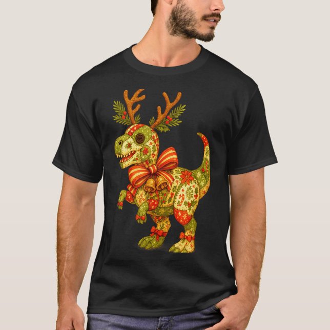 Camiseta Dinosaur Christmas Season Patchwork T-rex Squad Fa (Frente)