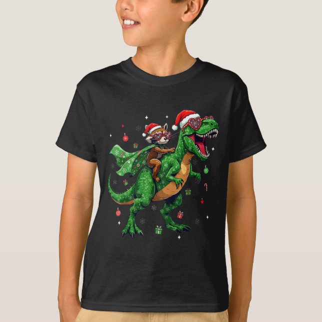 Camiseta Dinosaur Christmas T Rex Raccoon Santa Holiday  (Frente)