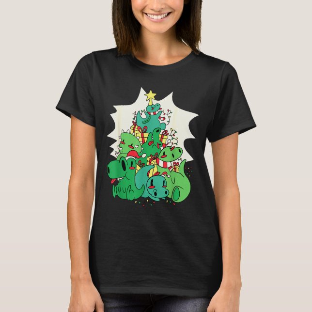 Camiseta Dinosaur Christmas Tree Cartoons Holiday Tyrannosa (Frente)