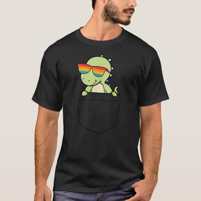 Camiseta Dinosaur In Pocket Funny Cute Dino Rainbow Sunglas (Frente)