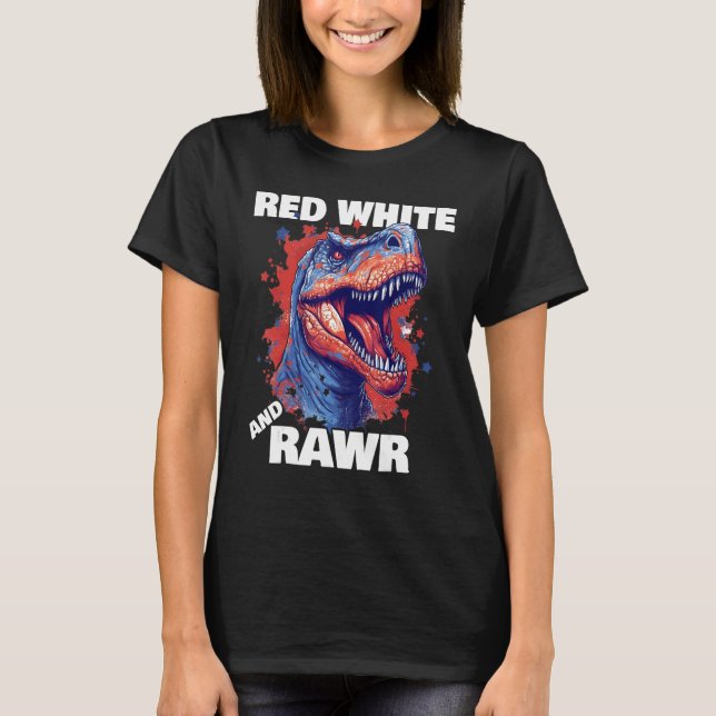 Camiseta Dinosaur Red White Rawr American Flag 4th of July  (Frente)