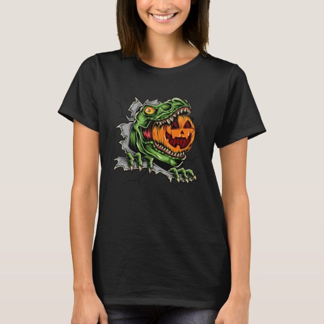 Camiseta Dinosaur Rex Eat Pumpkin Scary Halloween (Frente)