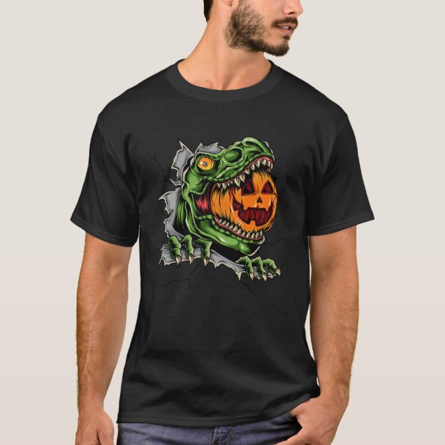 Camiseta Dinosaur Rex Eat Pumpkin Scary Halloween (Frente)