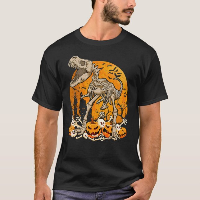 Camiseta Dinosaur rex Skeleton Pumpkin With Moon Halloween  (Frente)