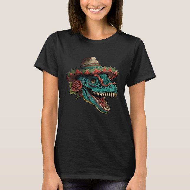 Camiseta Dinosaur Sugar Skull Sombrero Mexican Cinco de may (Frente)