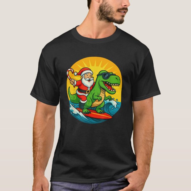 Camiseta Dinosaur Surfs with Santa Kids Christmas in July H (Frente)